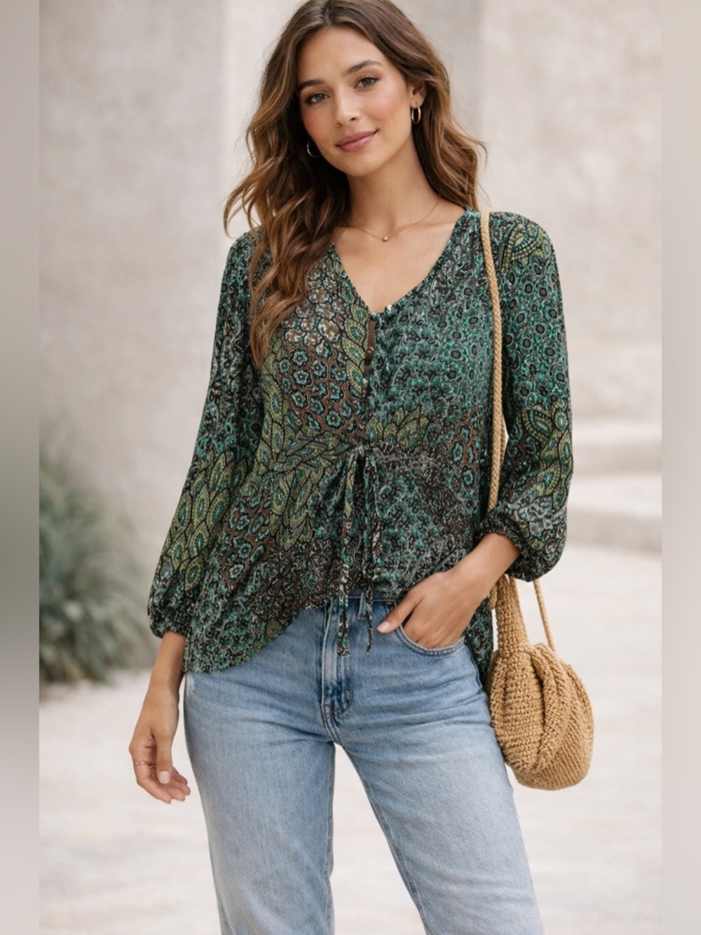 Dressbarn Boho Paisley Print Blouse Medium Green Teal Peasant Tie Front Top